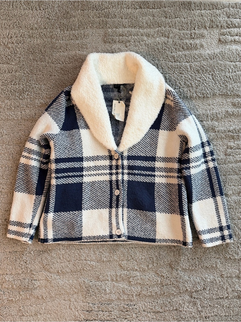 NWT Barefoot Dreams Size Large Cozychic Plaid Shearling Cardigan in Royal Plaid